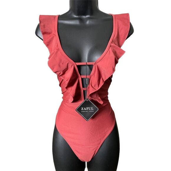 Zaful Other - ZAFUL Women's Deep V-Neck Ruffle One Piece Swimsuit Red Size US 8 NWT